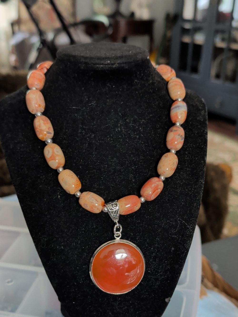 Hand Crafted Orange Agate Beaded Necklace with Round Orange Pendant
